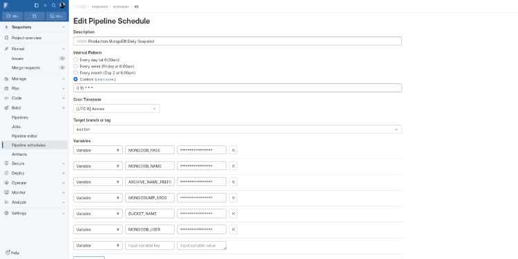 Screenshot of Edit Pipeline Schedule page from GitLab
